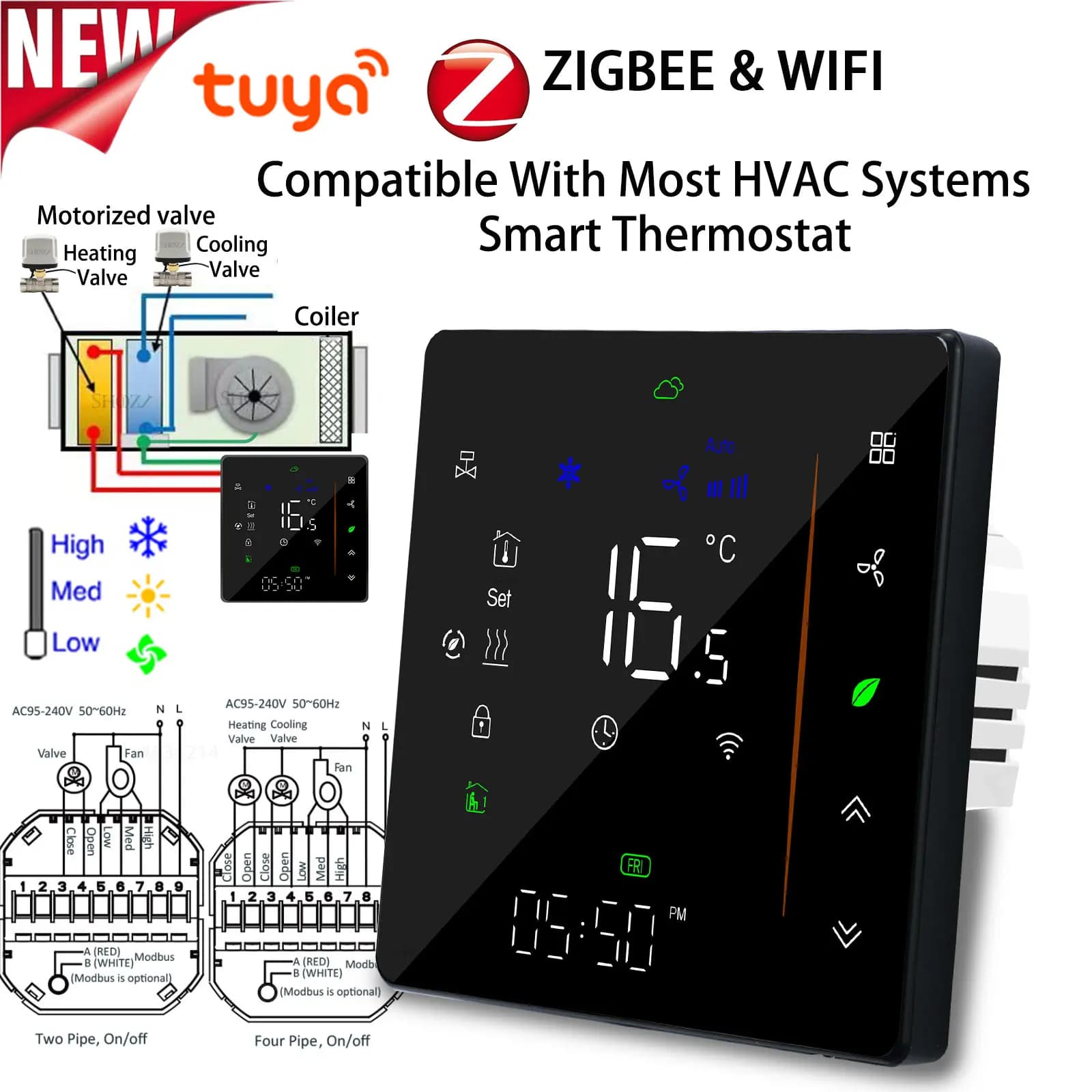 Controlador inteligente de temperatura Tuya ZigBee con pantalla digital para termostato HVAC de 3 velocidades de calefacción y refrigeración para