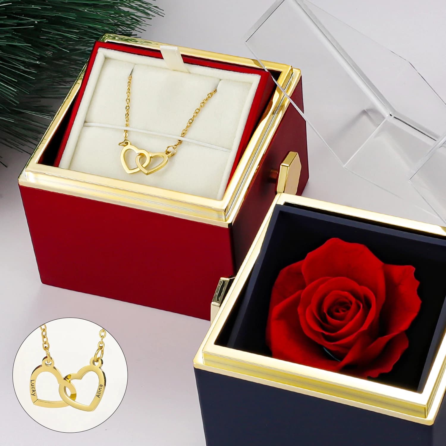 Caja de anillo de joyería con forma de rosa y jabón de San Valentín personalizada, estuche de almacenamiento para collar con colgante de boda para