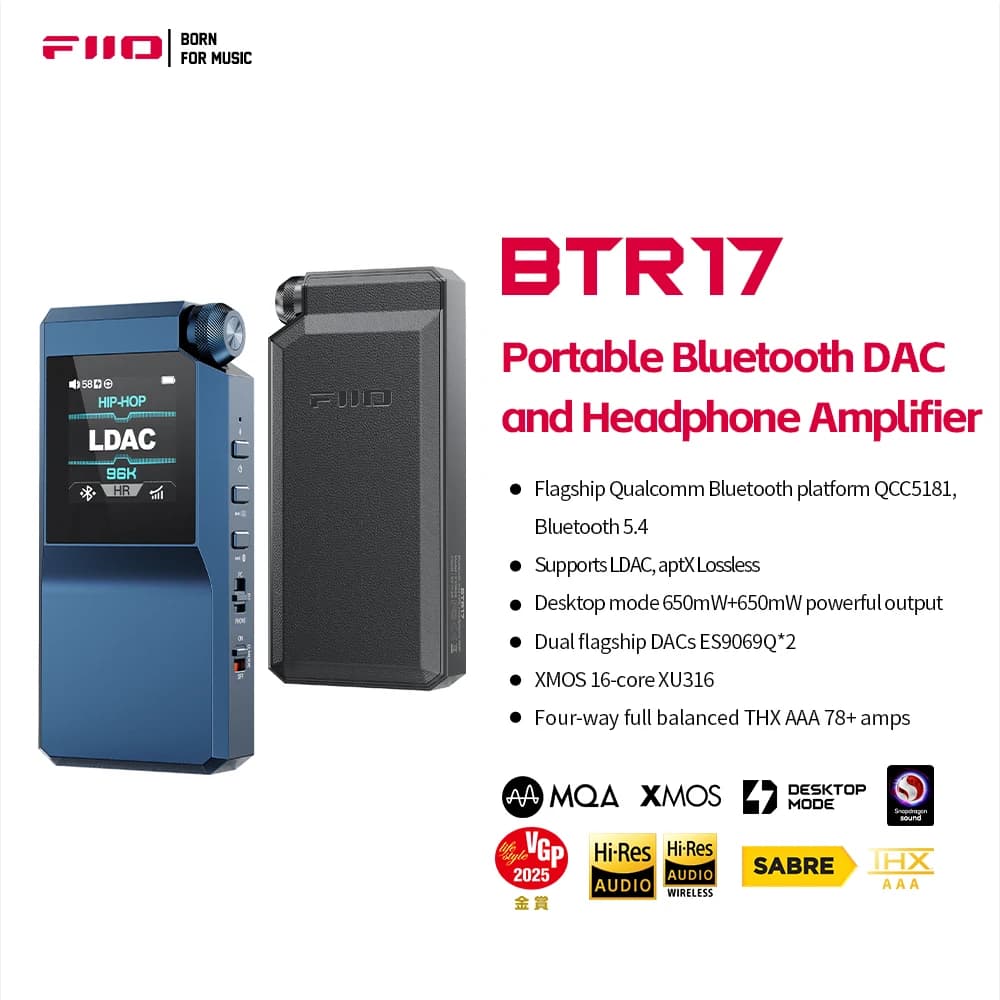 FiiO BTR17 Receptor Bluetooth 5.4 con amplificador de auriculares con soporte LDAC/aptX sin pérdidas, DAC portátil de alta resolución 768K/32Bit