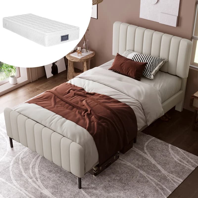 Cama individual tapizada de 90 x 200 cm, estructura de cama con somier y cabecero ajustable, cama tapizada en gris-beige, estructura de cama juvenil
