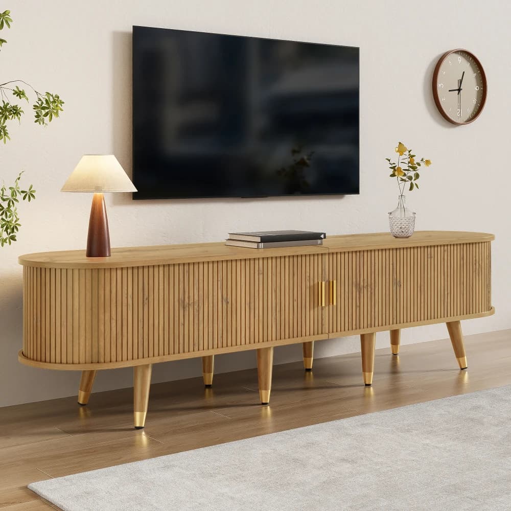 Mueble para TV moderno de 175 × 38 × 45 cm con puerta corredera de ratán, mucho almacenamiento, soporte para TV estilo campestre con cajones
