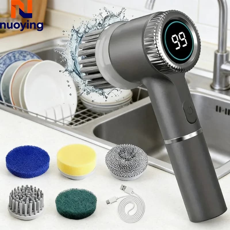 Cepillo de Limpieza Eléctrico Multifuncional con 5 Cabezales y Pantalla LED, Potente Limpiador para Cocina, Baño e Inodoro