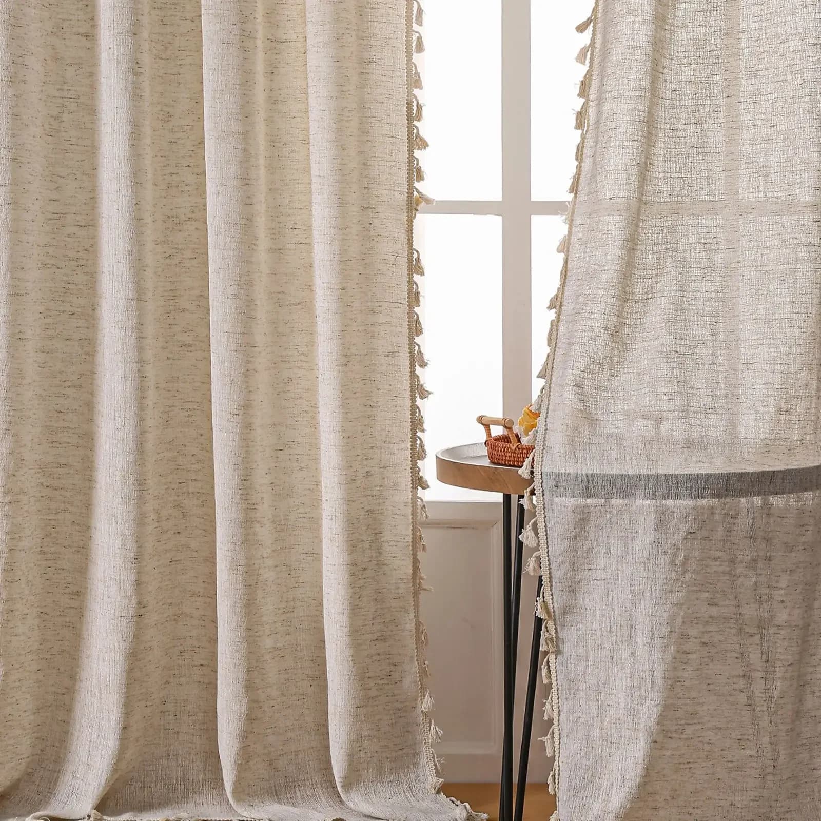 Cortinas semiopacas de lino bohemio, 1 Panel con bolsillo para barra, crema de granja hecha a mano, costura de arpillera de algodón, cortina con