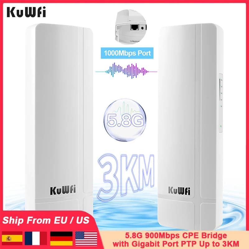 KuWFi 900Mbps 5,8G WiFi puente CPE para exteriores con puerto Gigabit Ethernet extensor de señal Wi-Fi antena integrada de 14dBi PTP hasta 3KM
