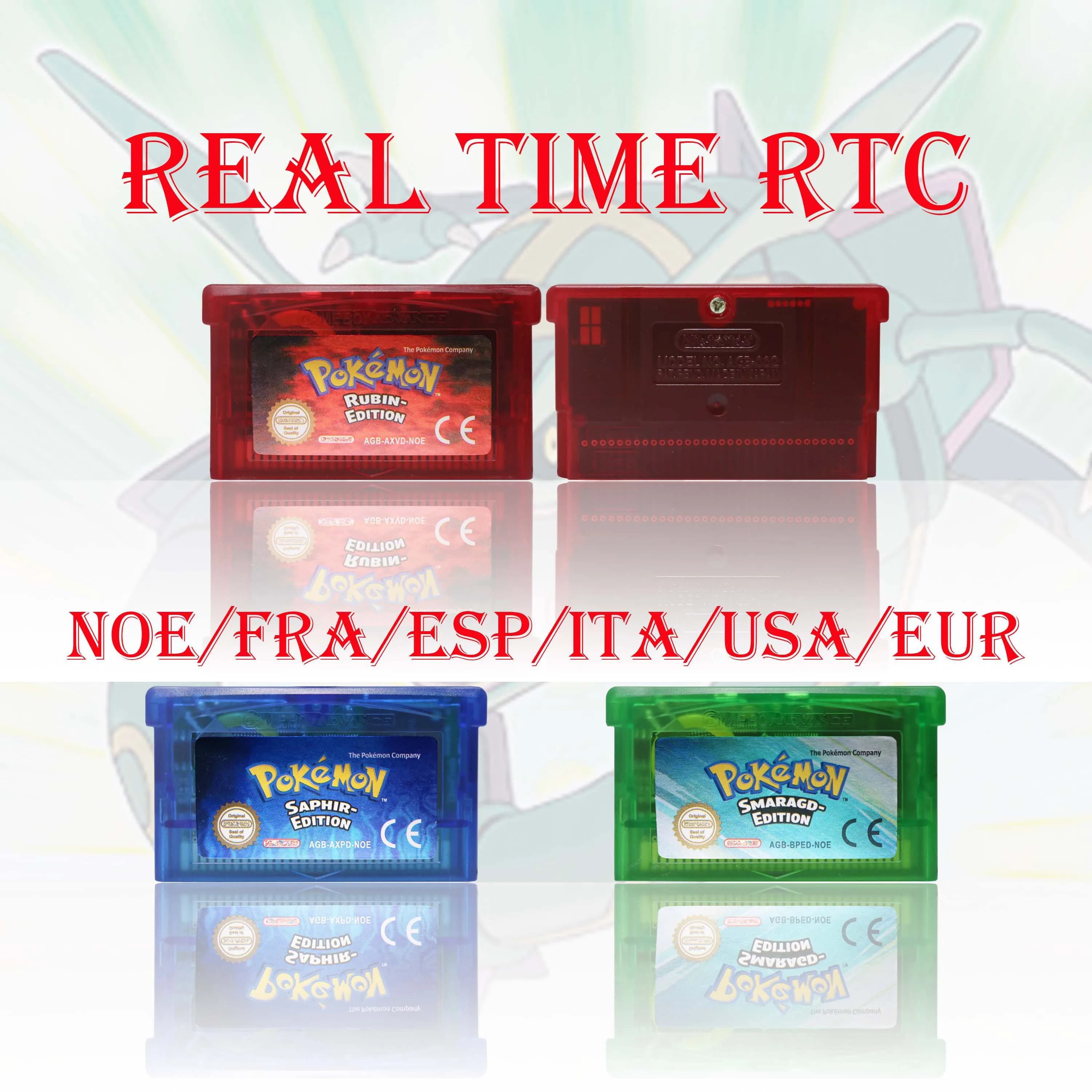 Cartucho de juego Pokémon Ruby/Sapphire/Emerald/Fire Red/Leaf Green en tiempo real, tarjeta de videojuego GBA de alta calidad con batería