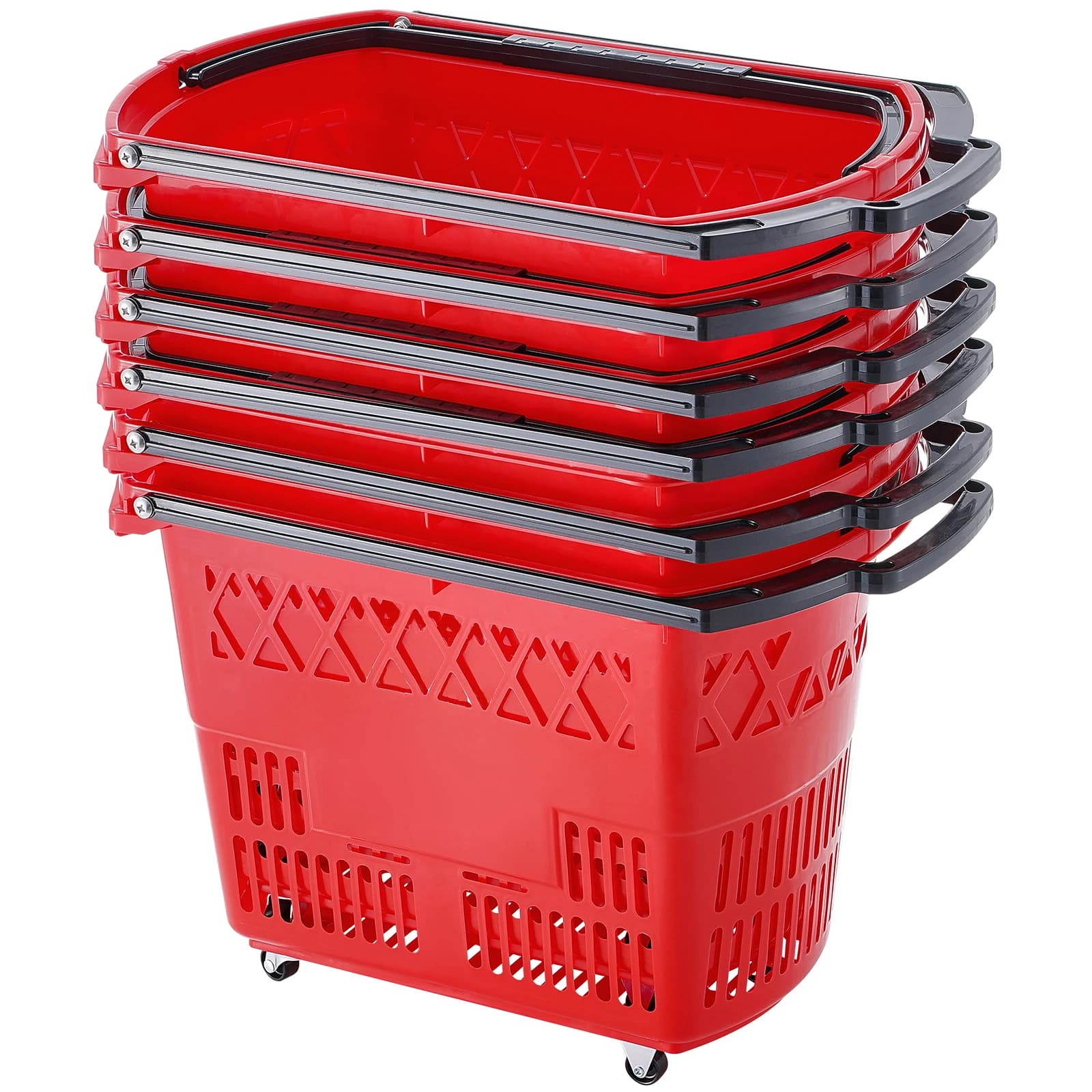 SucceBuy 6 cestas de compras con ruedas de 39L con asas y ruedas portátiles para supermercados, tiendas minoristas, comestibles