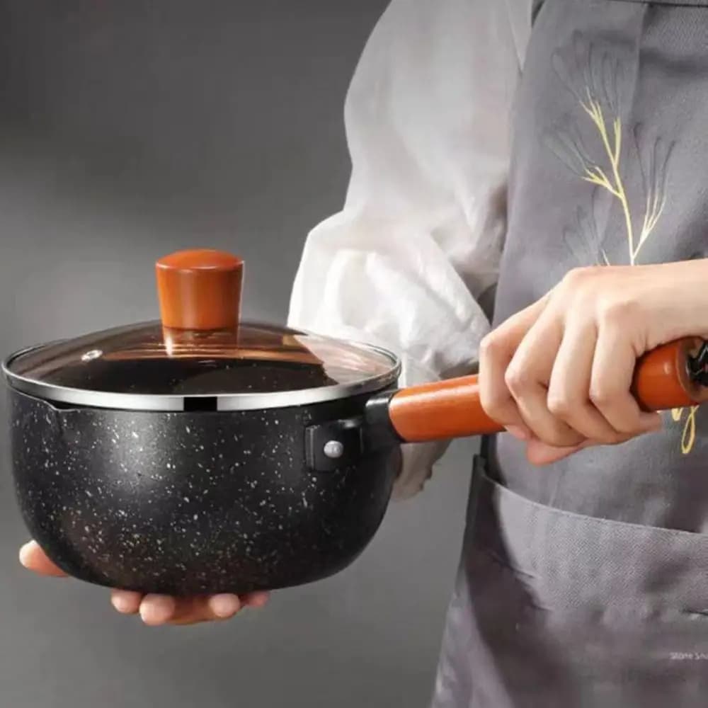 Utensilios de cocina Olla de leche antiadherente mango de madera con tapa y boquilla para verter Olla de sopa cacerola de cocina de fondo plano