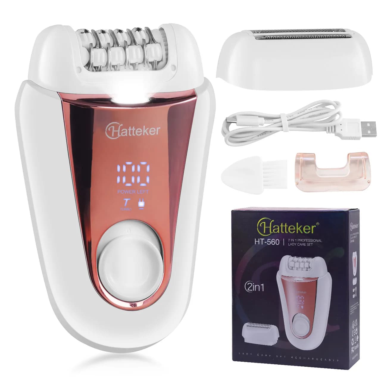 Depiladora 2 en 1 Hatteker para Mujer, Depilación Corporal, Bikini y Rostro, Recargable por USB, Afeitadora Portátil Húmeda y Seca