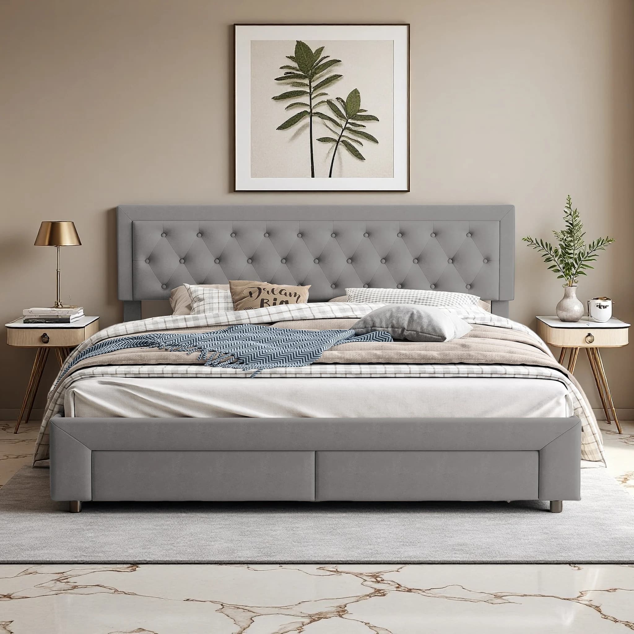 Cama Doble Tapizada Superaly con 2 Cajones y Espacio de Almacenamiento Debajo de la Cama, Cama Hidráulica con Estructura de Listones, Gris,