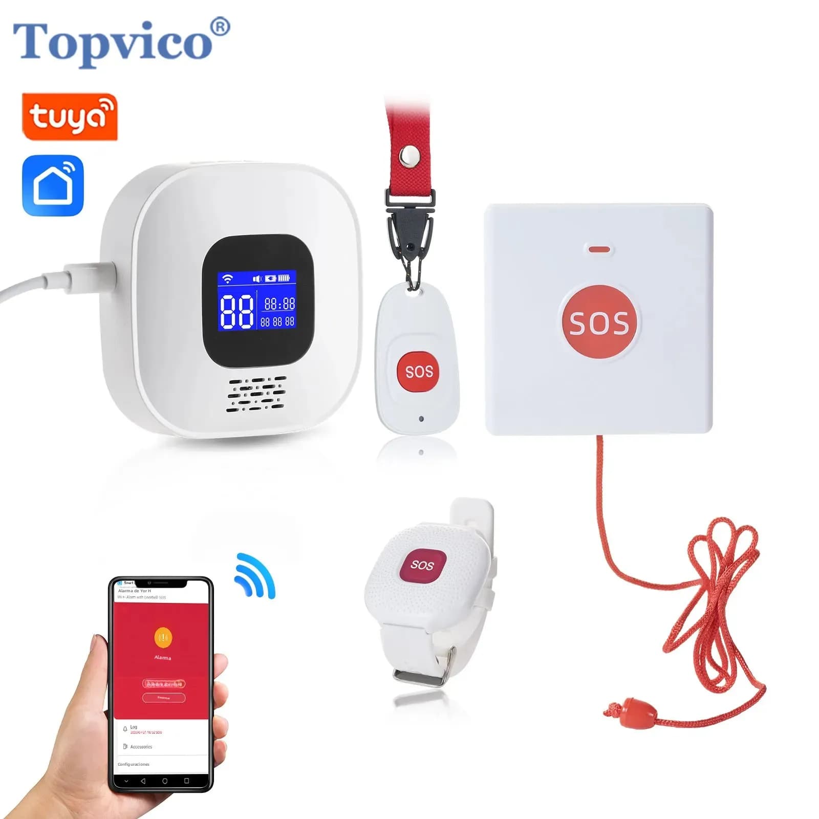 Botón de Emergencia WiFi Topvico Tuya SOS para Personas Mayores, Alarma, Alerta de Caídas, Botón de Pánico, Pulsera para Personas Mayores
