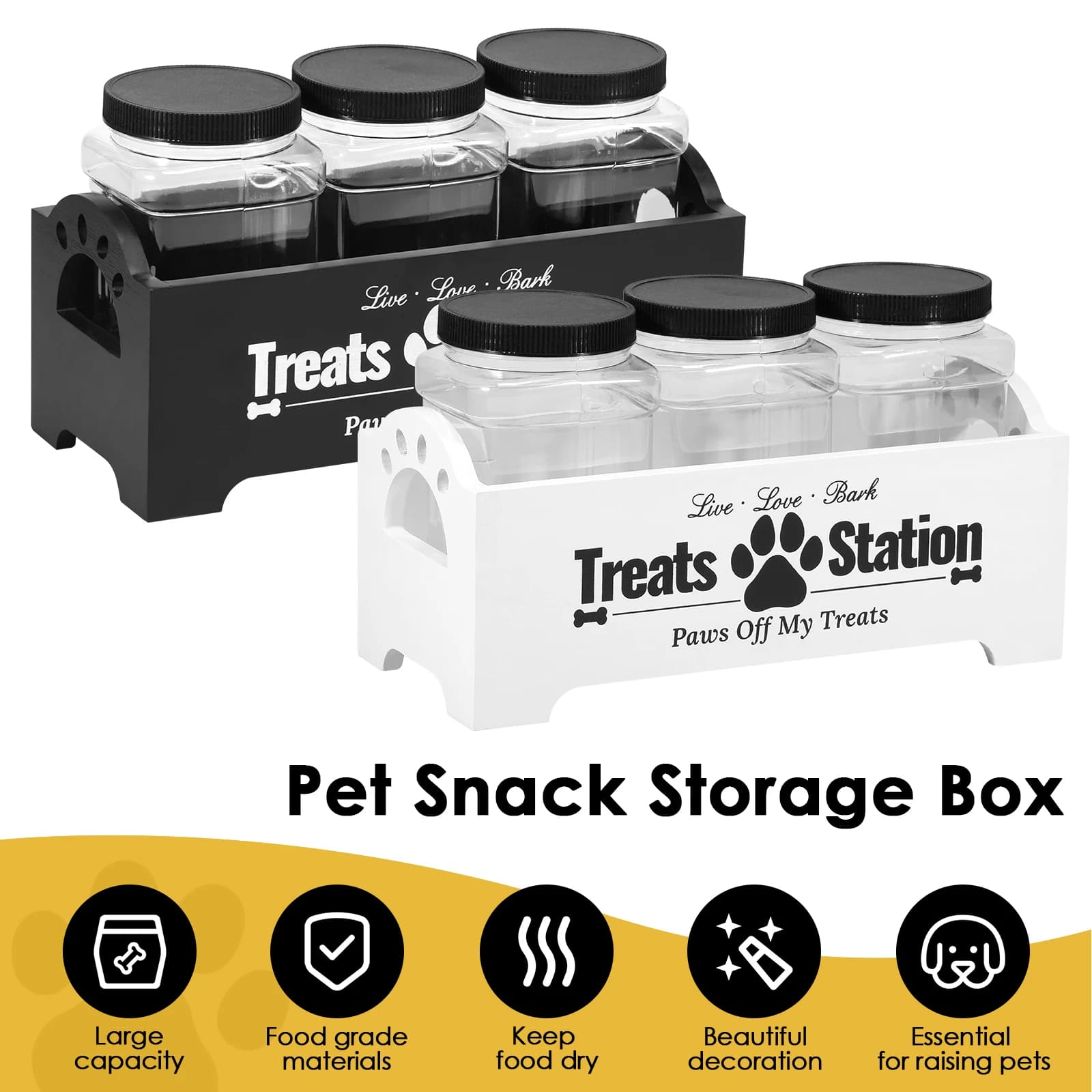 Contenedor de almacenamiento de alimentos para mascotas, tarros de golosinas para perros y gatos con soporte de madera, organizador de almacenamiento
