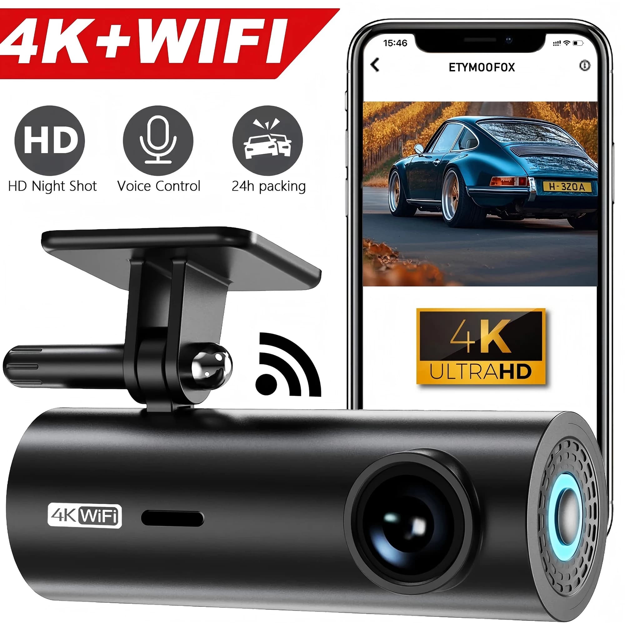 Cámara para Coche, Grabadora de Vídeo de Conducción 4K WiFi, Mini Cámara Frontal, Monitor de Estacionamiento 24H, Cámara de Grabación para