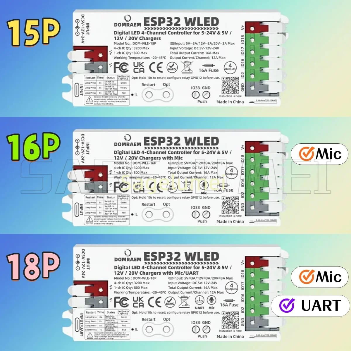 DOM-WLE-15P/16P/18P Dual PSU ESP32 WLED Controlador LED digital PD 5V/12V/20V con salidas de 4 canales para LED de píxeles WS2811/12B APA102