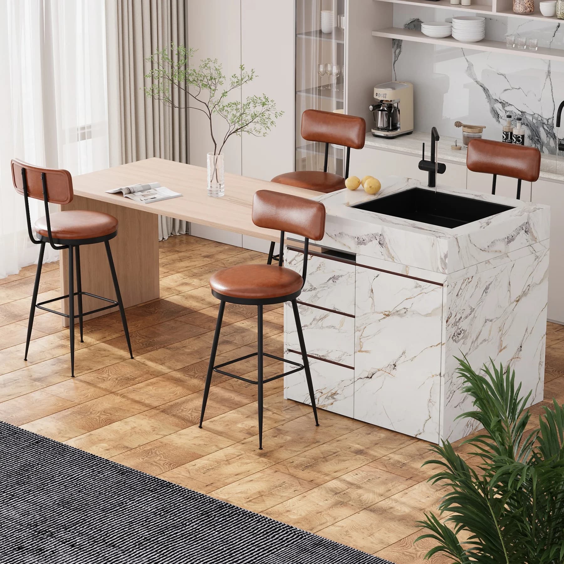 Rosahqnda Juego de 2 sillas de comedor, taburete de bar de patas altas, silla de comedor con asiento y respaldo de cuero PU, patas de metal, bar para