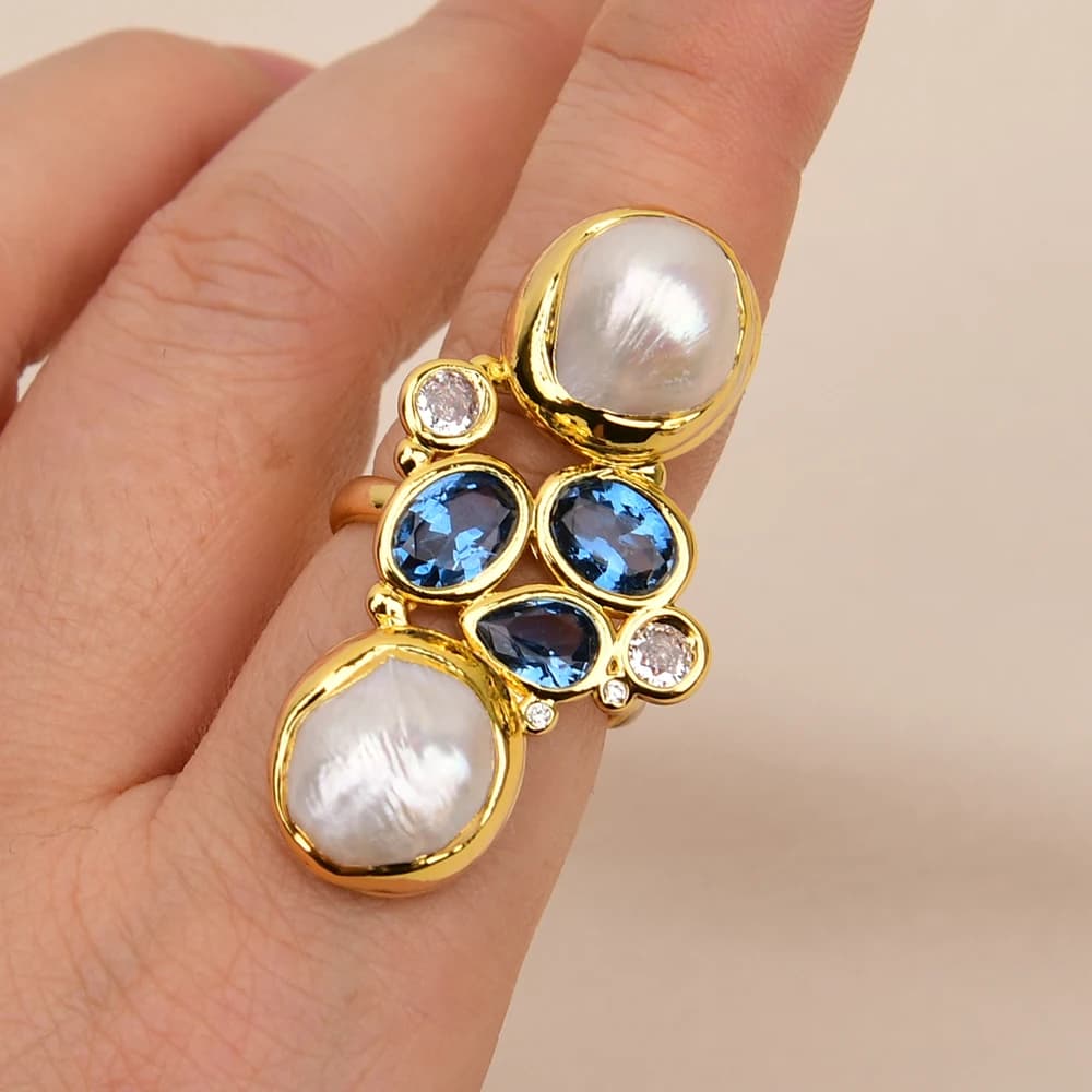 Anillos de perlas Keshi blancas cultivadas G-G, mezcla de colores, anillo chapado en oro pavimentado con circonita azul para mujer, joyería para el
