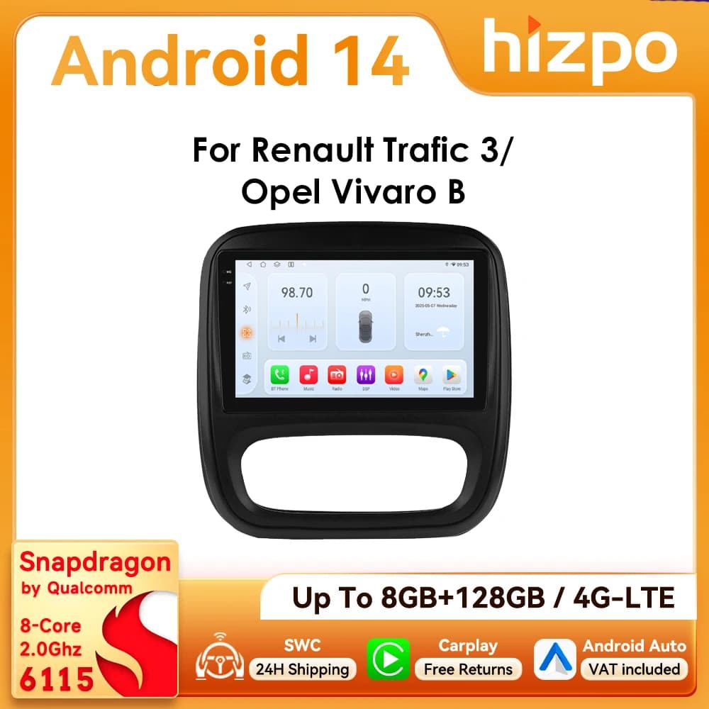 9 " Hizpo 2Din CarPlay Android Auto Radio de coche para Opel Vivaro B 2014 - 2018 Renault Trafic 2014 - 2021 RDS DSP GPS Navi BT 4G SWC