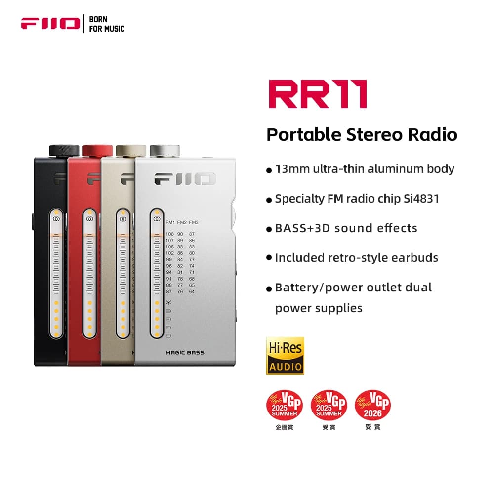 Receptor de radio estéreo FM HiFi portátil FiiO RR11 con sintonización PVR analógica, efectos de sonido BASS+3D, 64MHz-108MHz