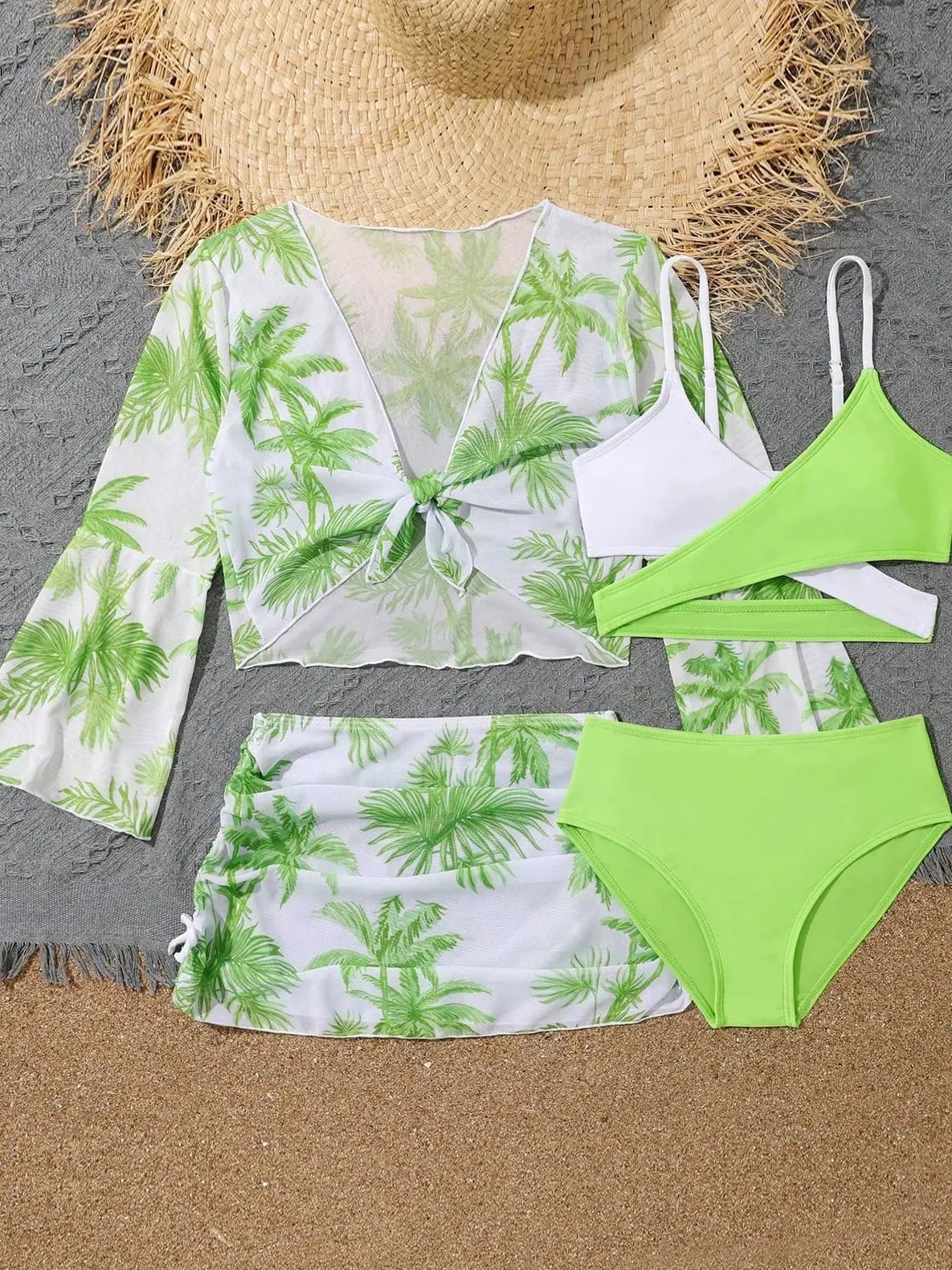 Conjunto de Bikini con estampado de palmeras de coco para niña, traje de baño con falda de playa y Top corto de manga larga, 7 a 12 años, paquete
