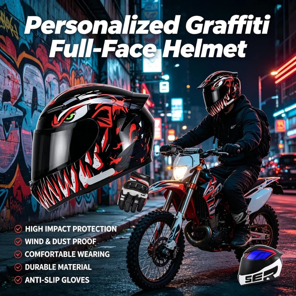 Casco de Motocicleta Integral, Diseño Ventilado Estilo Graffiti Personalizado, Resistente a Impactos, para Motocross, Motocicleta de Calle y Scooter