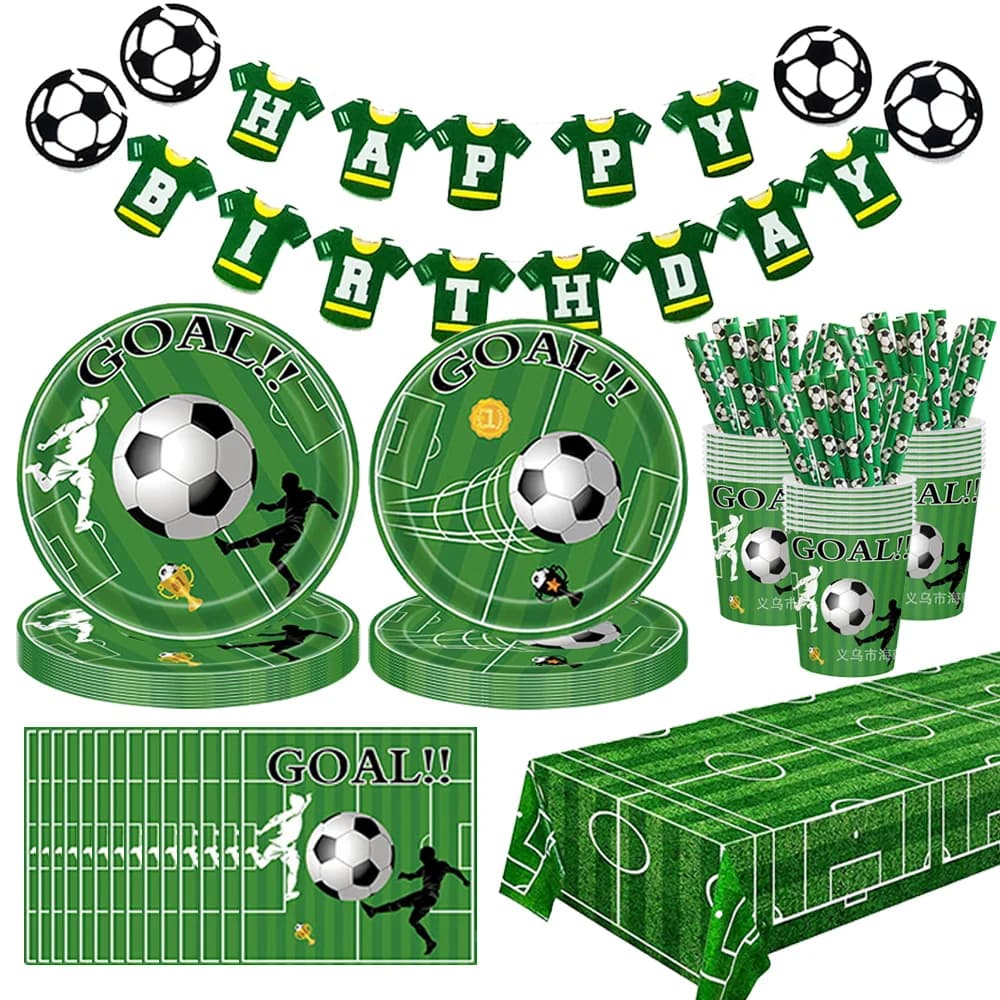 Vajilla desechable con tema de fútbol verde, platos de papel, vasos, servilletas, pancarta, suministros de decoración para fiesta de cumpleaños y