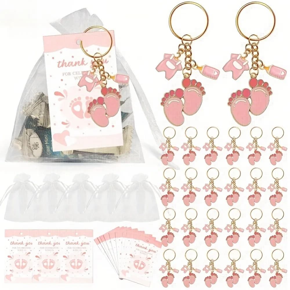 6/10/20/24 Sets Nuevo Set de Llaveros de Botella con Pies y Corazones con Bolsas de Organza y Tarjetas para Recuerdos de Baby Shower, Revelación de