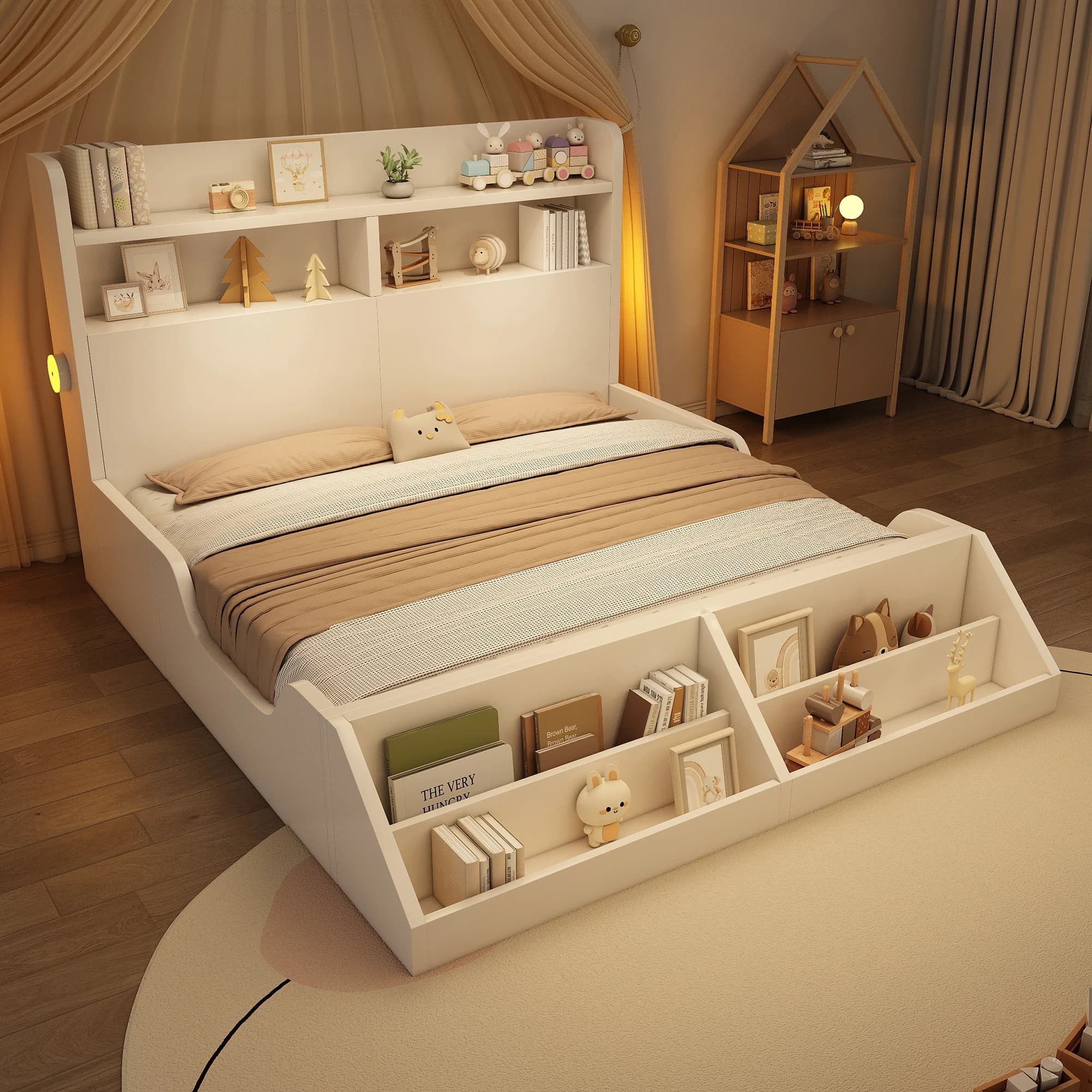 Cama juvenil MODFU 140x200 con luces nocturnas, librero y somier de láminas, blanca, sin colchón