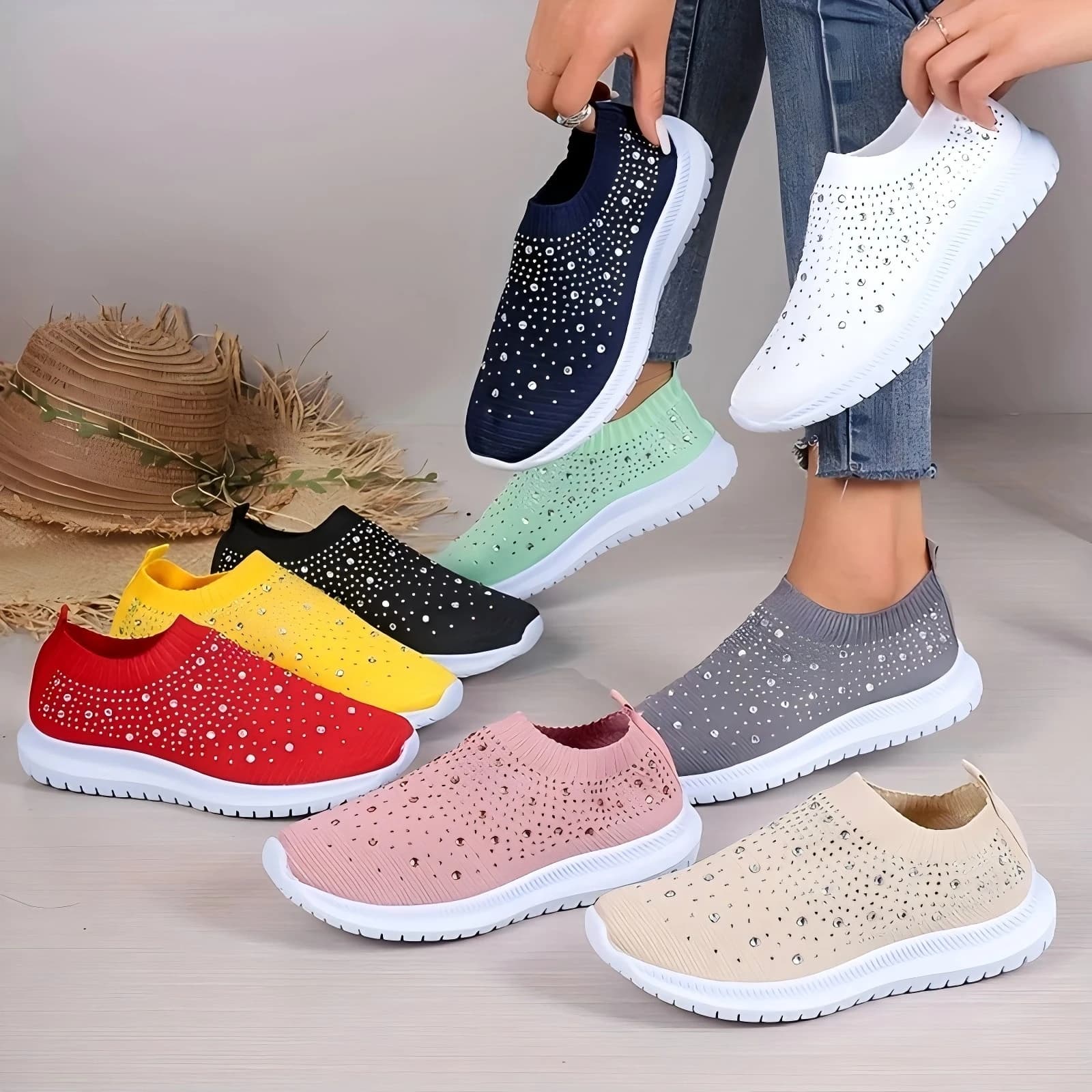 Zapatillas de deporte de punto con cristales brillantes de talla grande para mujer, zapatos deportivos informales de malla transpirable, zapatos
