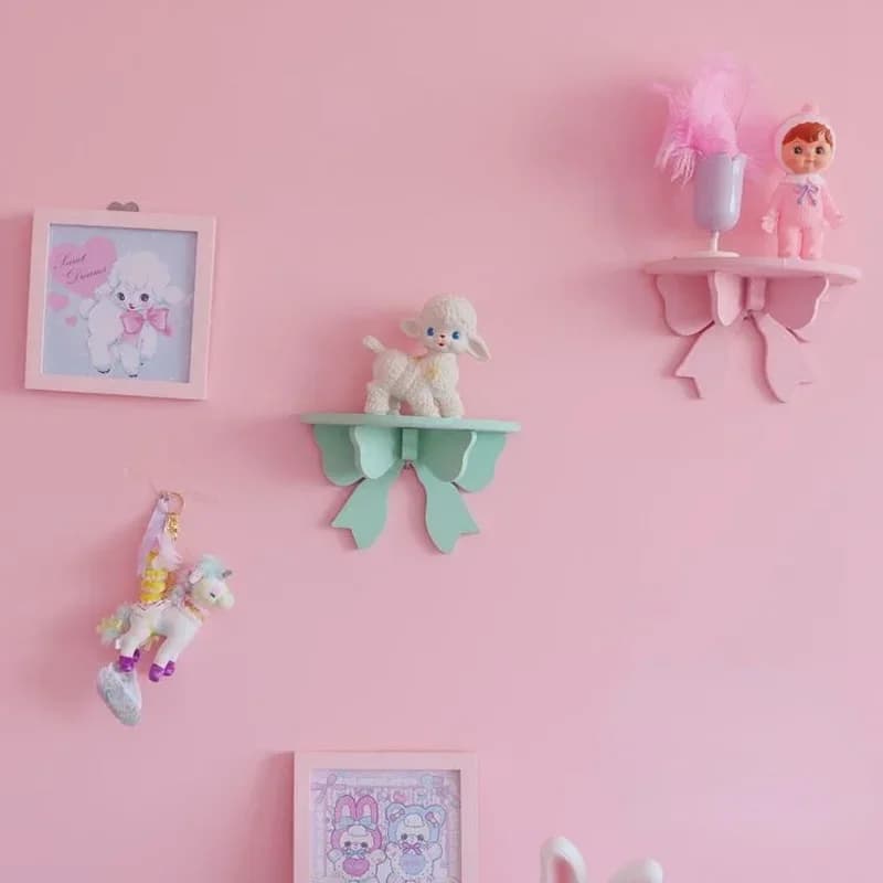 Estante de madera con lazo rosa para decoración de habitación de niños, estante de almacenamiento de cosméticos montado en la pared, lindo y
