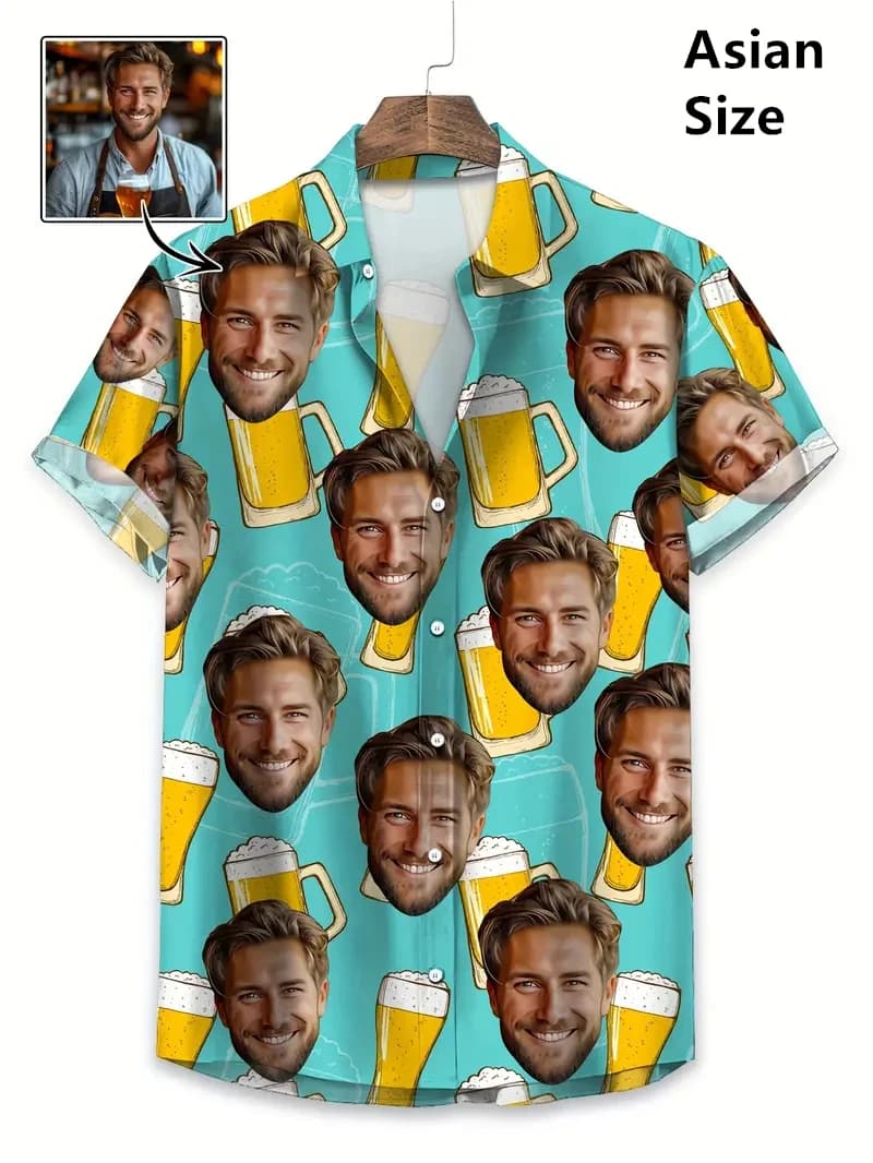 Camisas de cerveza con foto de cara para hombre, ropa personalizada con estampado 3D, camisa de playa hawaiana, Top Y2k, ropa Vintage de los años 90,