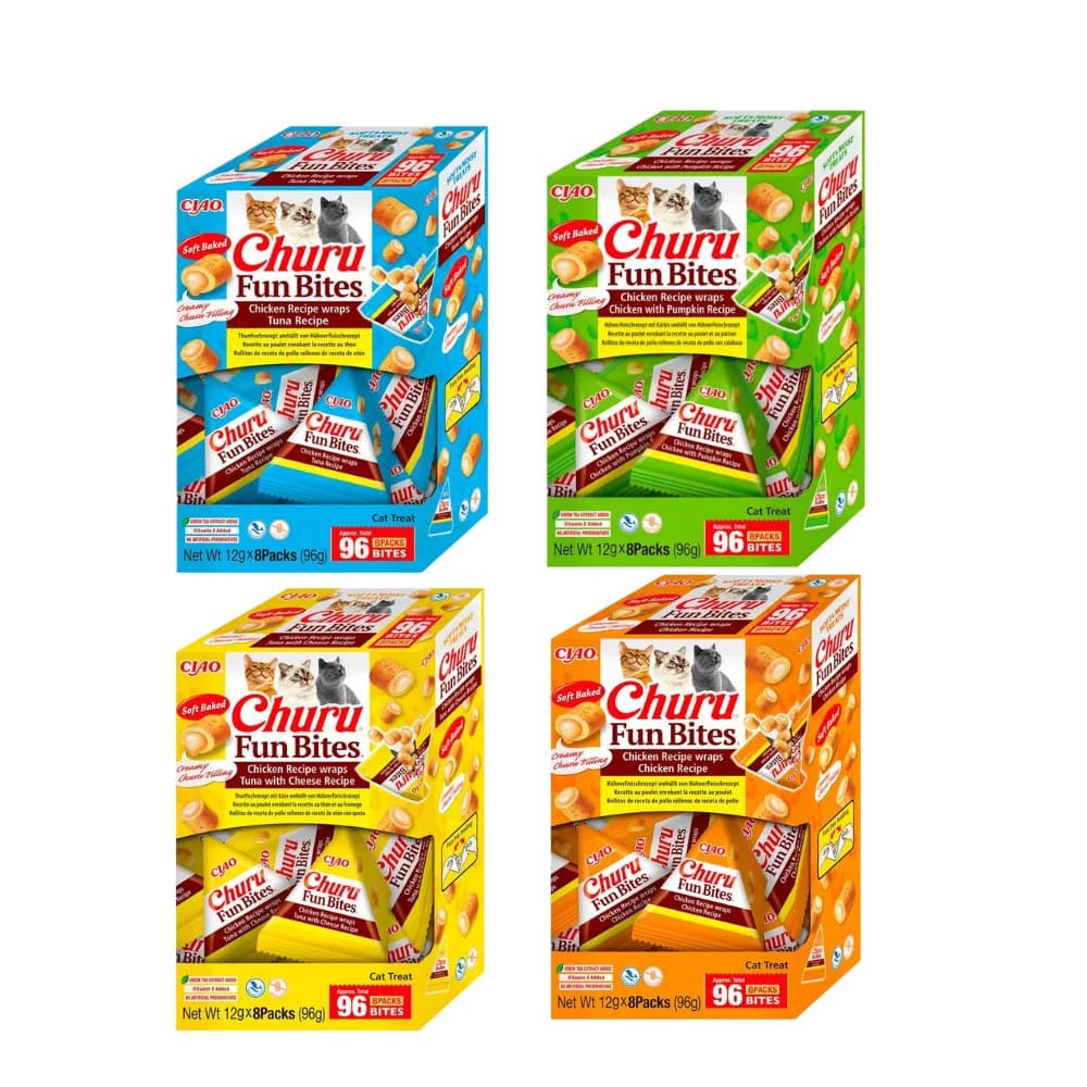 Pack Ahorro de 4 Churu Fun Bites Variados – (4 Packs de 8x12g: Pollo, Atún y Queso, Atún, Pollo y Calabaza) | Horneados y Cremosos – INABA CIAO