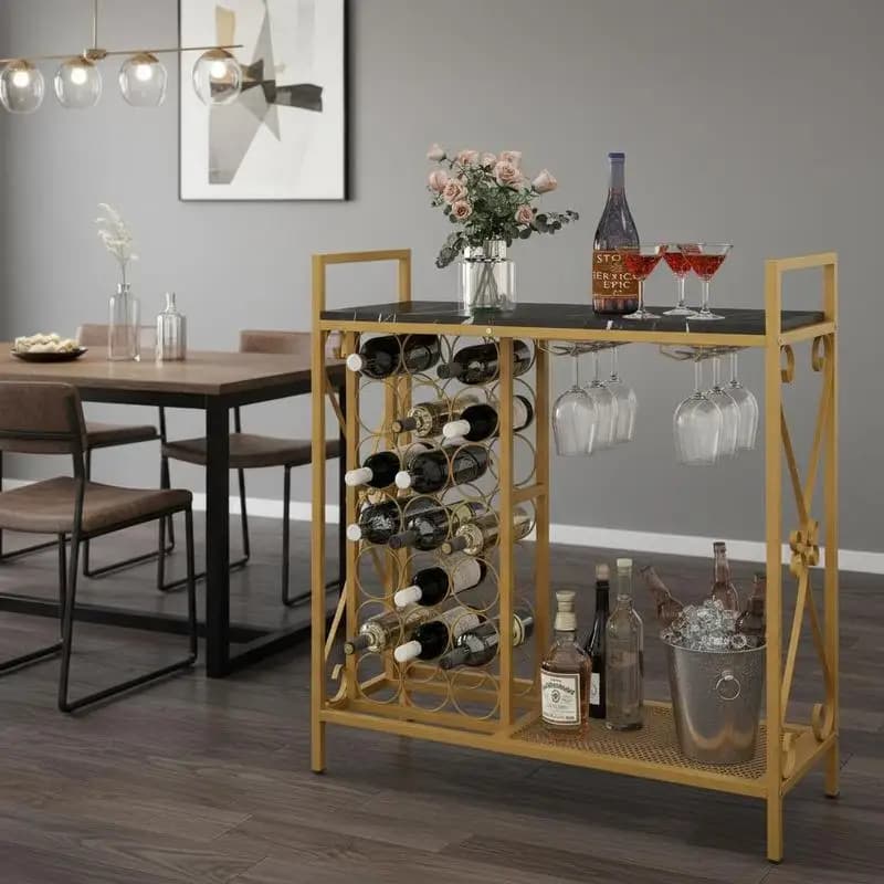 Estante para 21 Botellas de Vino, Organizador de Botellas de Vino Independiente con Soporte para Copas - Dorado
