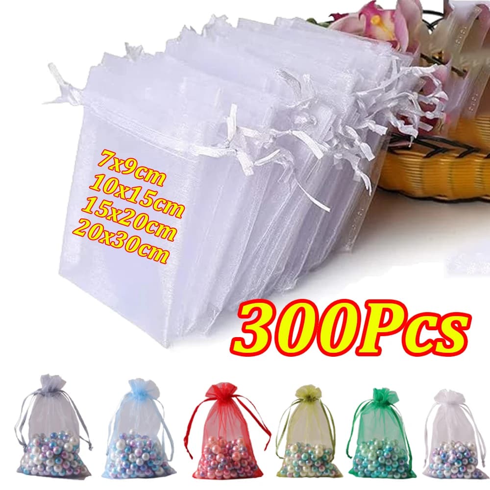 50-300 Uds bolsa de regalo de Organza bolsas de malla transparente bolsa de joyería con cordón 7*9 10*15 15*20 20*30cm bolsas para fiesta de boda de