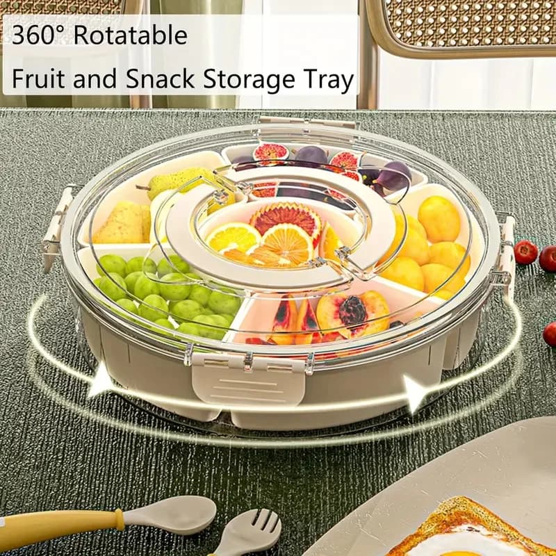 Bandeja giratoria dividida para servir con tapa y asa, caja portátil para aperitivos de frutas, patatas fritas, espiga transparente para aperitivos