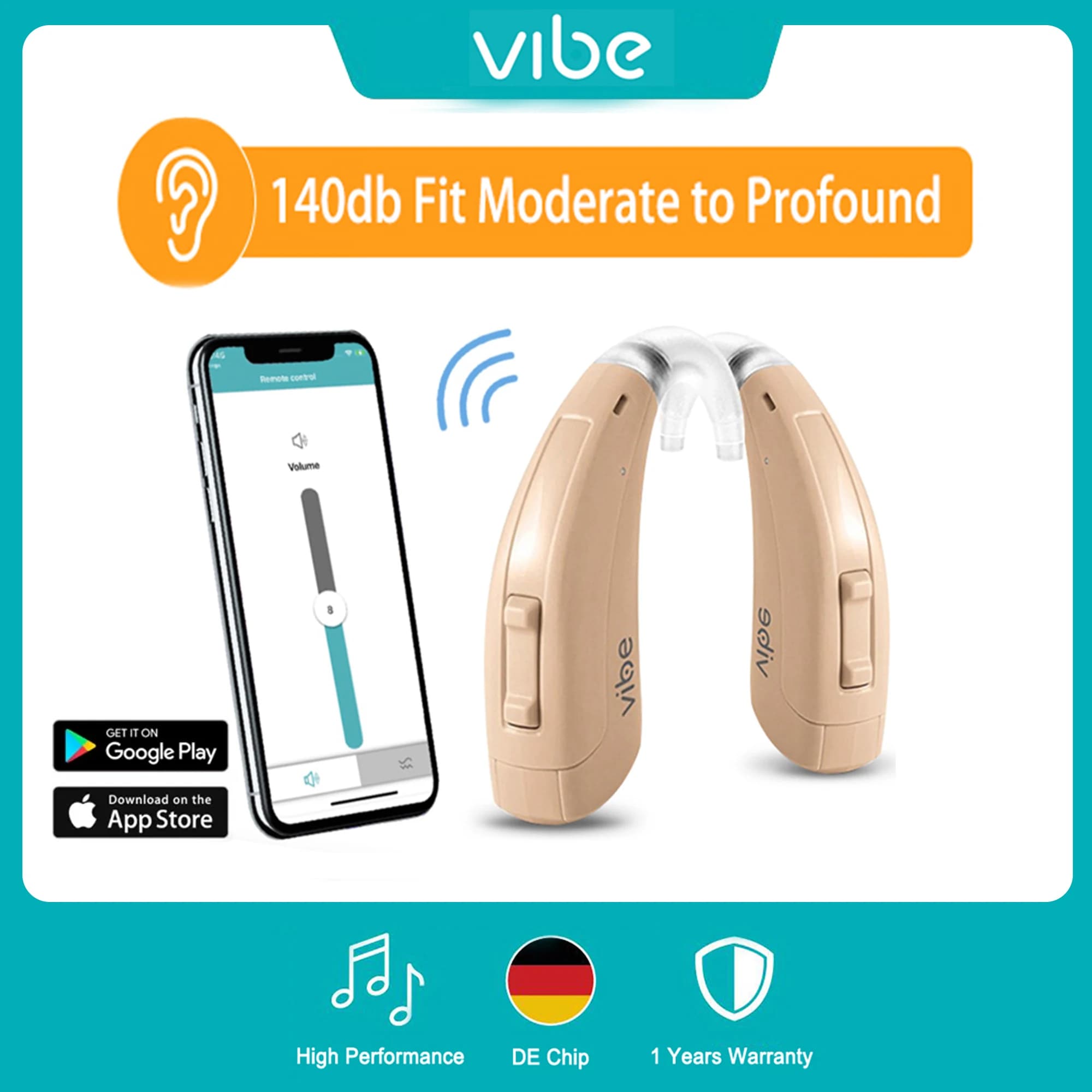 Vibe audífonos digitales140db, 8 canales, para sordera, programable, de grado medio a profundo