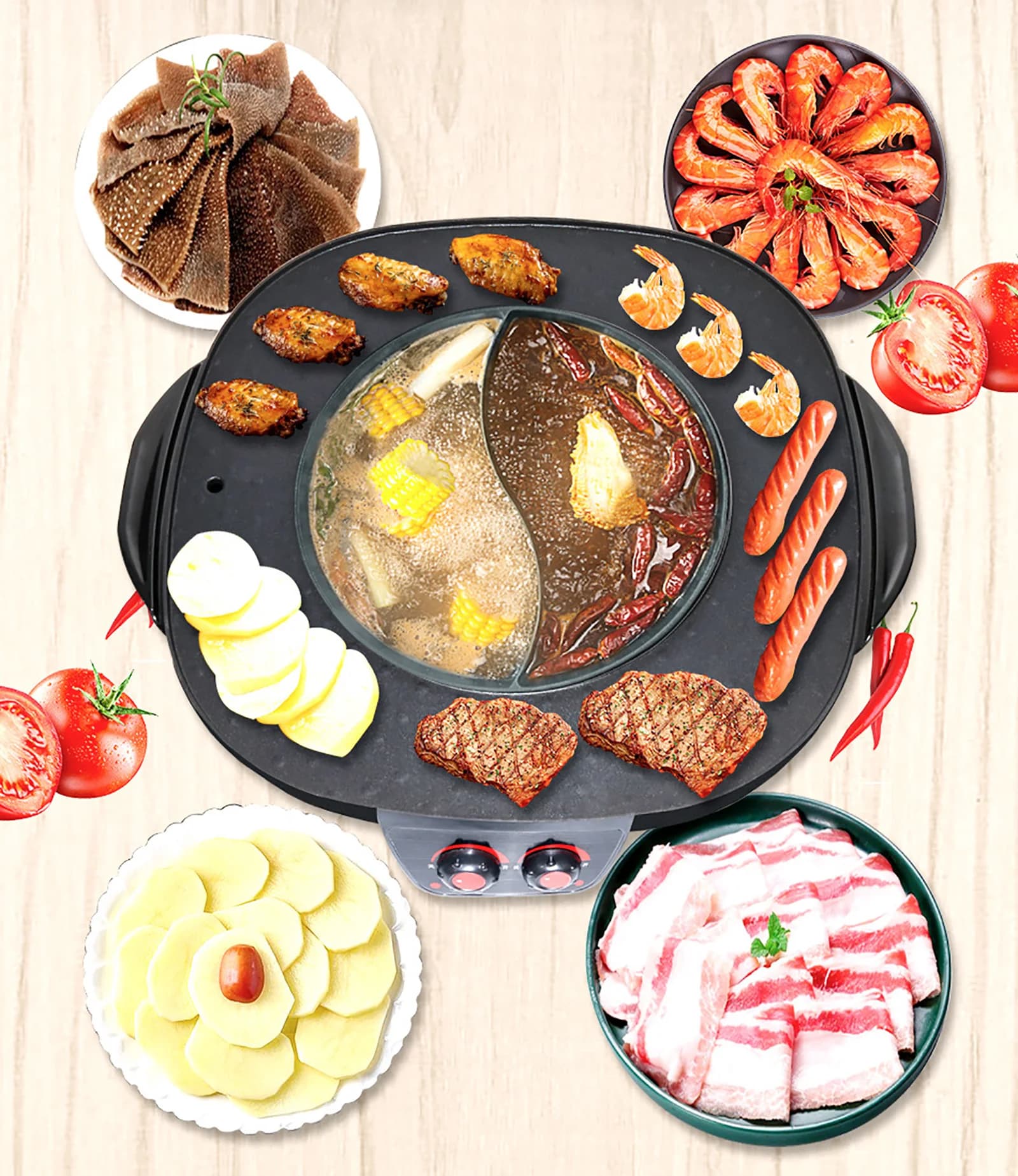 Olla caliente Shabu con parrilla de barbacoa 2 en 1 eléctrica antiadherente sin humo para familiares y amigos que reúnen comida fiesta