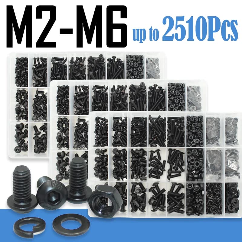 Kit de tornillos de cabeza de botón hexagonal 2510p M2 M2.5 M3 M4 M5 M6 negro 10,9 grado tornillos Allen pernos con arandelas de tuercas ISO7380