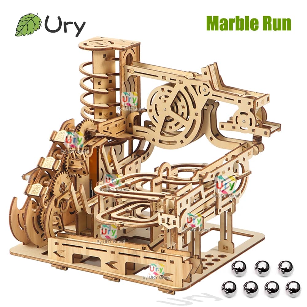 Ury Puzles 3D de Madera, Set de Pista de Canicas con Catapulta Eléctrica, Modelo Mecánico, Laberinto Científico, 7 Bolas, Regalo de Ensamblaje