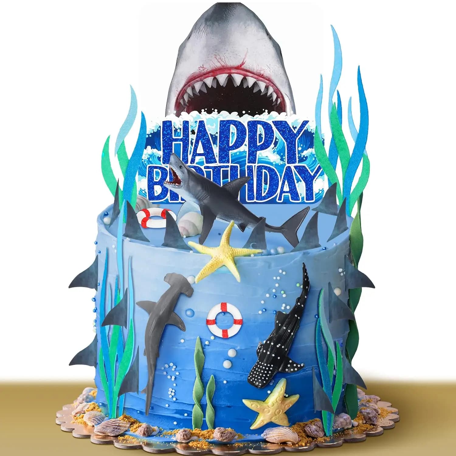 Paquete de 18 adornos de pastel de tiburón para decoración de criaturas marinas de ataque, selecciones de magdalenas con tema oceánico para