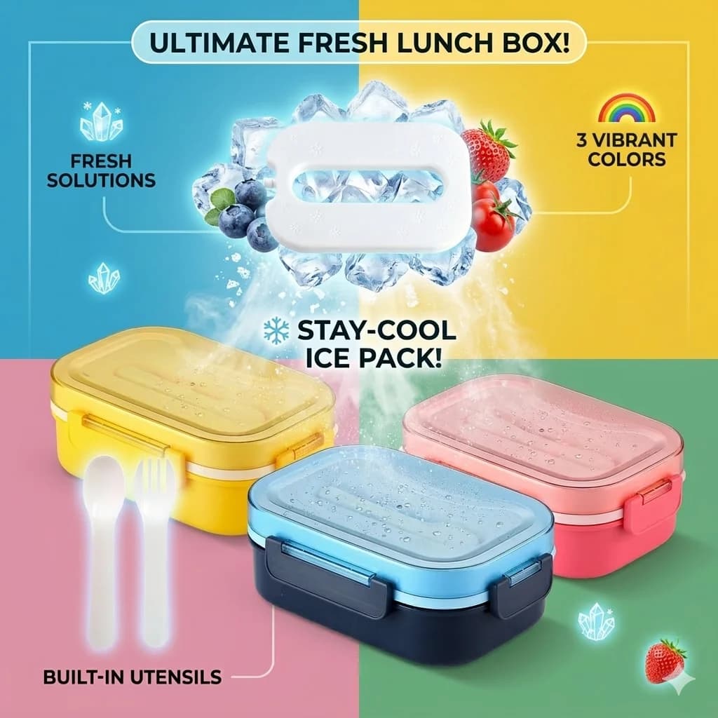 Paquete de hielo, caja Bento, separación de salsa, caja de Sala fresca, fiambrera de hielo, Picnic a prueba de fugas con tenedor y cuchara para