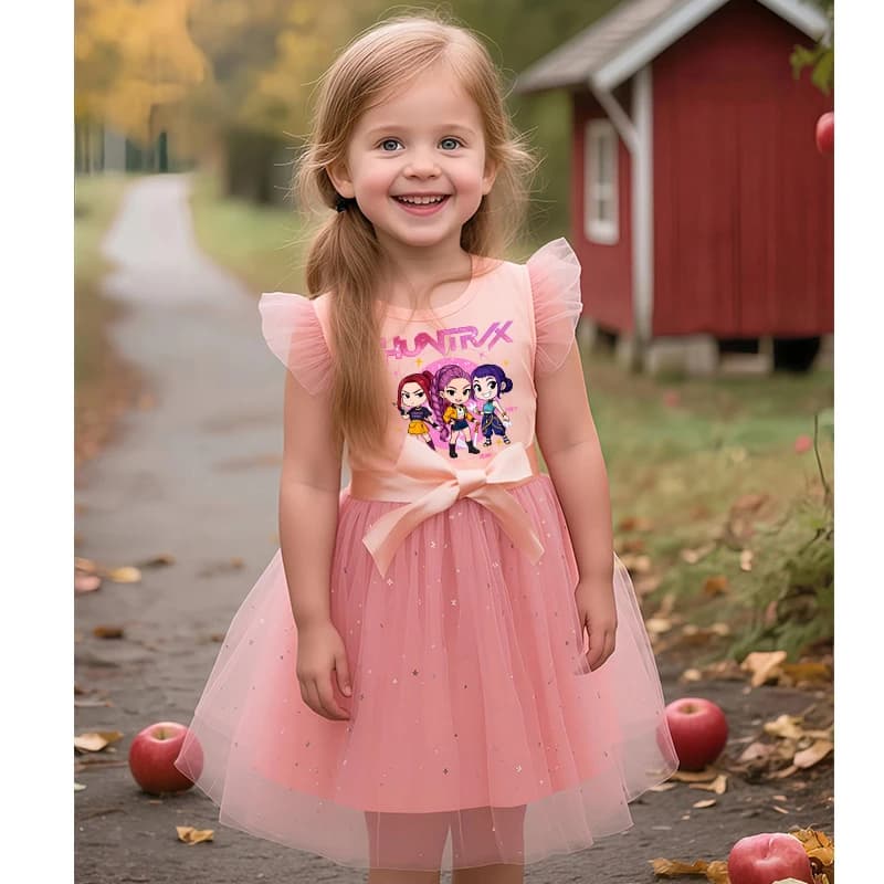Vestido de Lentejuelas con Tutú y Mangas con Lazo para Niñas, Estilo K-Pop Hunters Zoey Rumi, Traje de Princesa para Fiestas de Verano, para Niñas