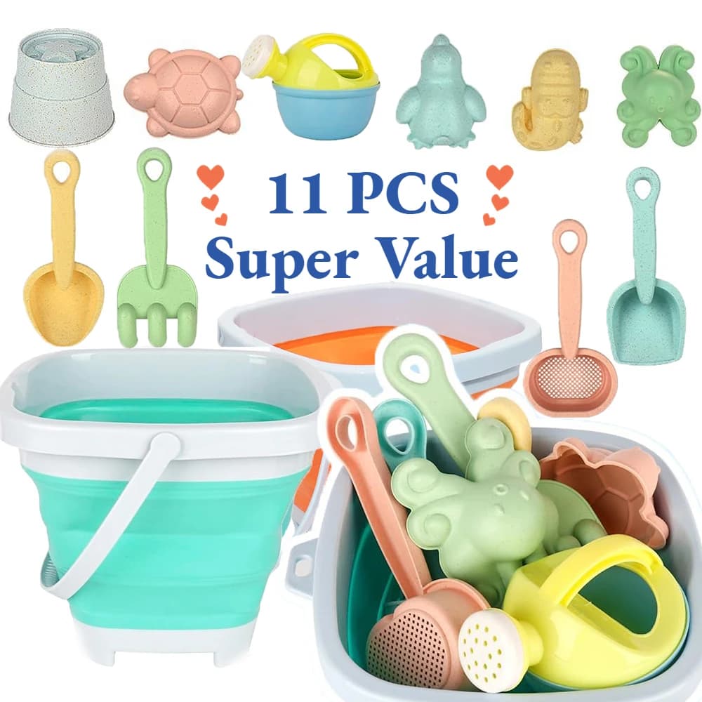 Juego de 11 Uds de juguetes de playa, paquete de regalo, juguetes de arena para niños, juguetes de caja de arena con cubo plegable, juego de pala,