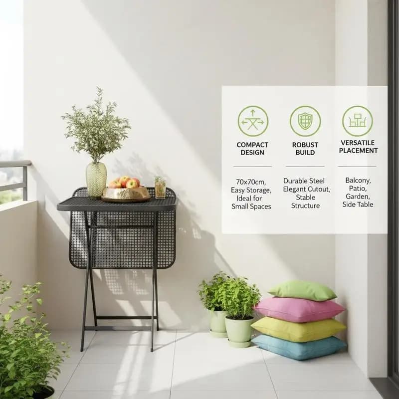 Mesas de centro, mesa de jardín plegable de 70 x 70 cm, mesa de balcón resistente a la intemperie, mesa plegable de acero con diseño recortado,