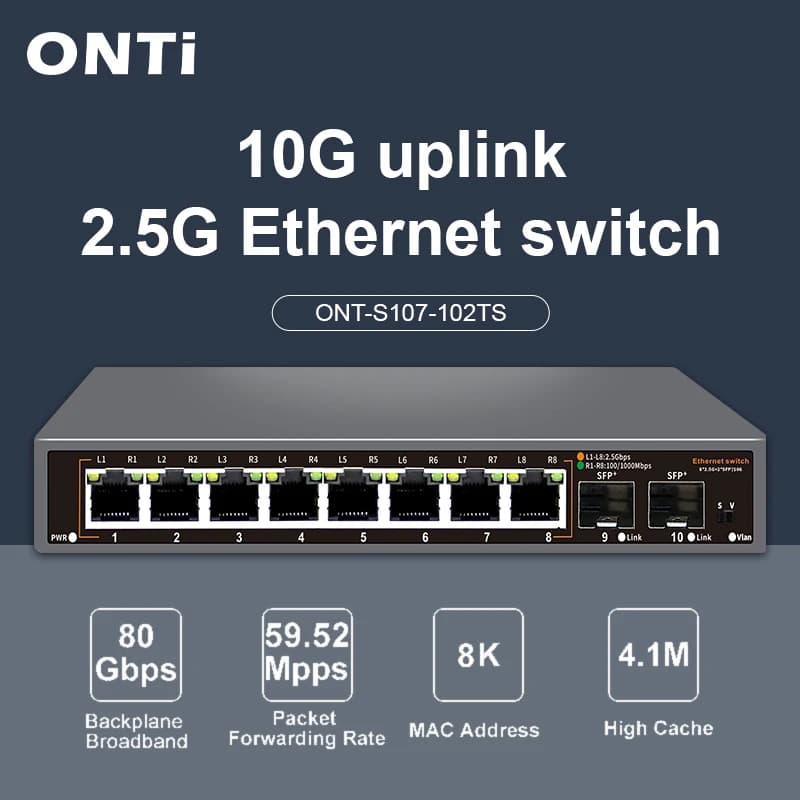 Conmutador Ethernet no administrado ONTi de 2,5 Gb, conmutador de red de 8 puertos 2,5 GBASE-T con puerto SFP + de 10G, conmutador Homelab sin