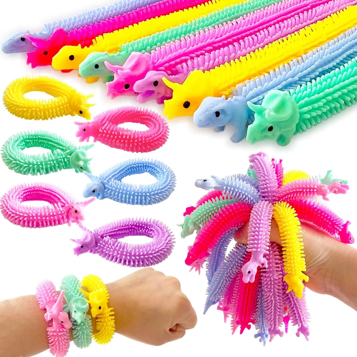 Paquete de 40-10 cuerdas de fideos sensoriales de dinosaurio, juguetes elásticos, cuerda elástica texturizada para niños y adultos, alivio del