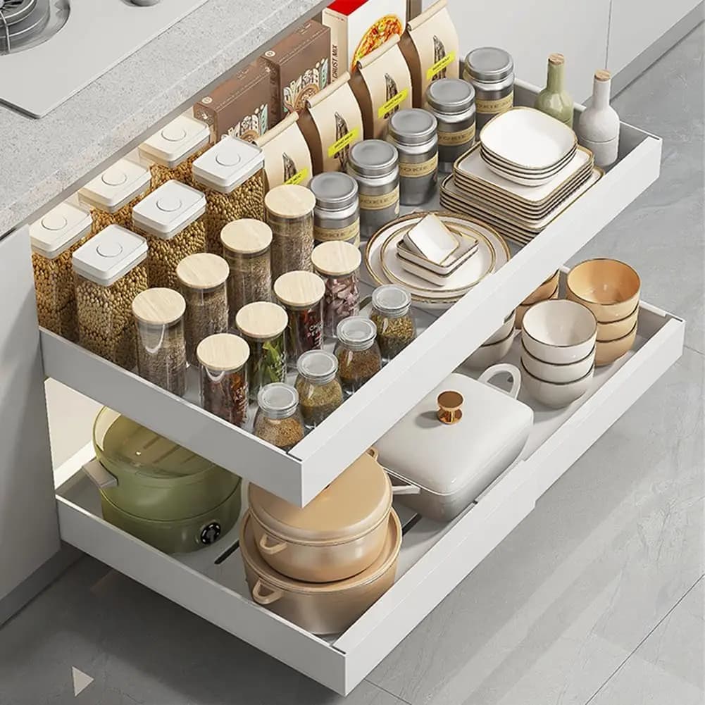 Organizador de Gabinete Extensible Garvee, Cajón Deslizante Resistente, Estante de Almacenamiento Adhesivo Ajustable Sin Taladrar, Blanco Trompeta