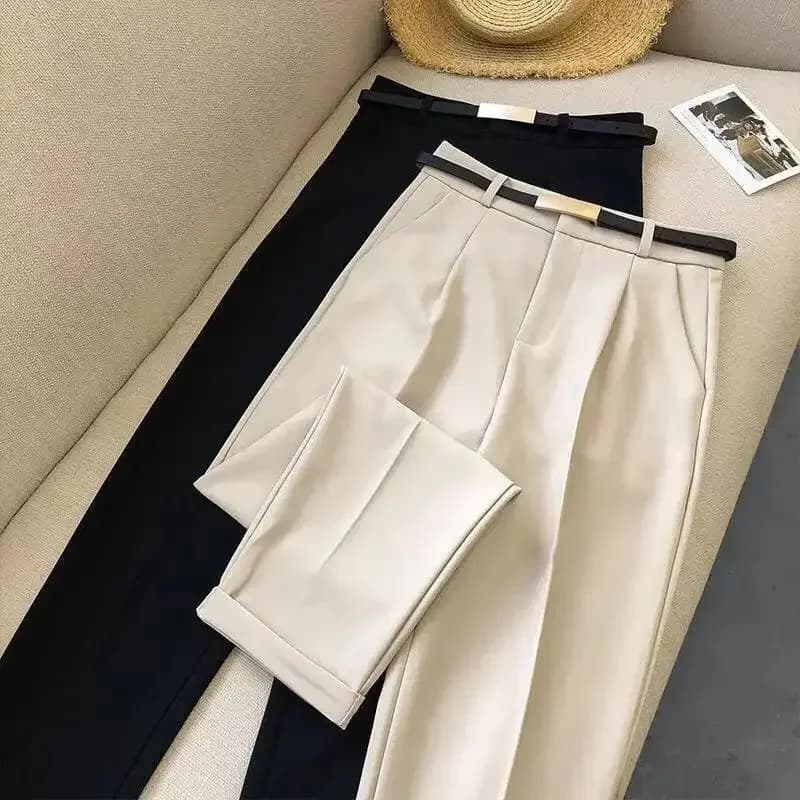 Pantalones elegantes informales de verano para Mujer, Pantalones rectos ajustados con fajas de Color sólido, cinturón Retro de negocios, estilo