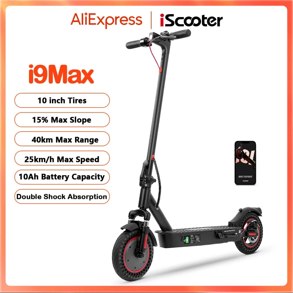 Patinete eléctrico iScooter i9Max de 10 pulgadas, motor de 500W, doble amortiguación, para adultos, 35KM/H, 10Ah, neumático Honeycomb.