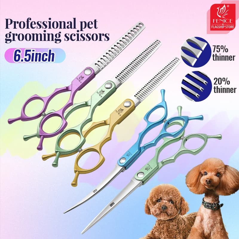 Juego de Tijeras Profesionales para Peluquería Canina Fenice de 6.5 Pulgadas, Juego de Herramientas de Peluquería con Tijeras Rectas, Delgadas y