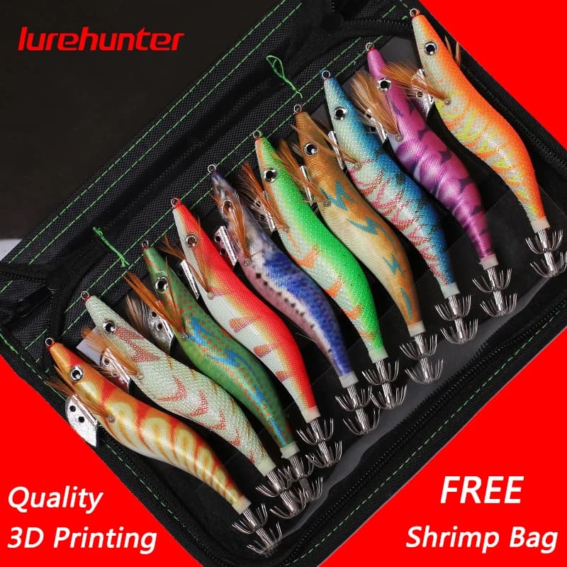 10 Uds con bolsa de camarones impresión 3D 2,5 3,0 3,5 anzuelo luminoso calamar Jig pesca madera camarón señuelo calamar sepia plantillas señuelos