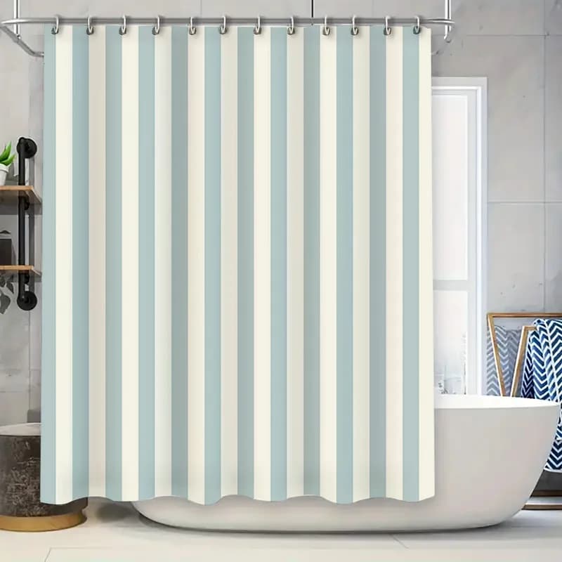 Elegante cortina de baño a rayas azules y blancas, tela impermeable, diseño minimalista moderno, espacio adecuado para separación húmeda y seca